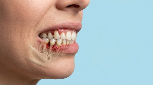 Anatomical 3D render of human teeth and gums showing signs of periodontitis and bone loss in the lower jaw