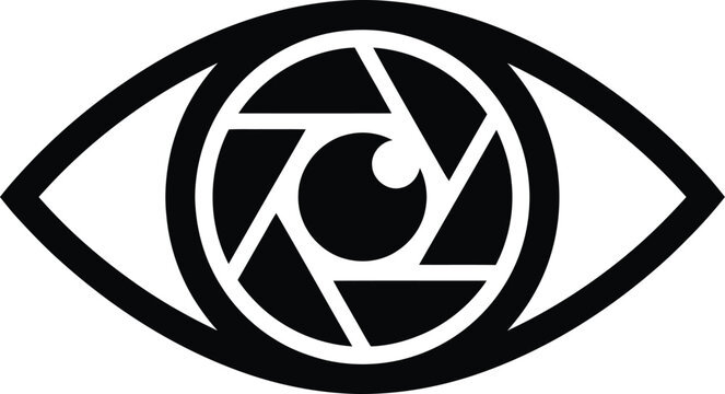 Eye iris like camera lens aperture symbol with pupil.