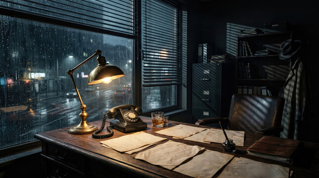 Rainy private investigator office with vintage desk and city view