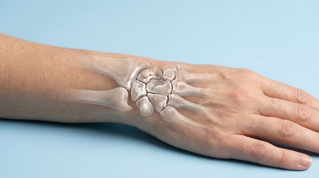 3D medical visualization of human hand and wrist anatomy showing skeletal structure through transparent skin on blue background