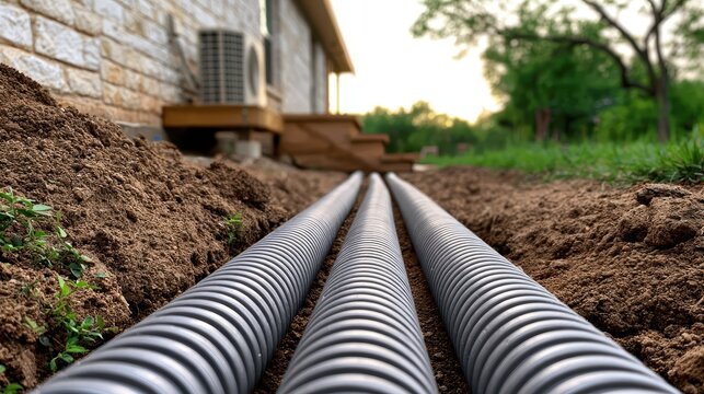Corrugated drainage pipes installed in a trench next to a house foundation