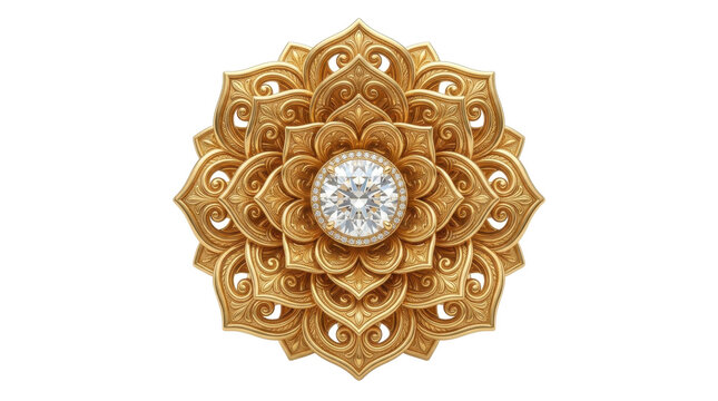 Golden mandala brooch with diamond centerpiece on white background, intricate jewelry design