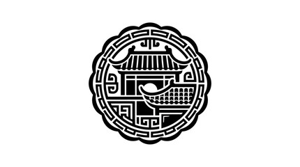A circular black and white emblem featuring traditional Chinese architectural elements. © Afinaja