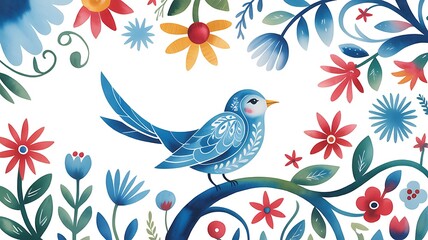 Fototapeta premium Blue bird perched on a branch surrounded by colorful folk art inspired floral patterns