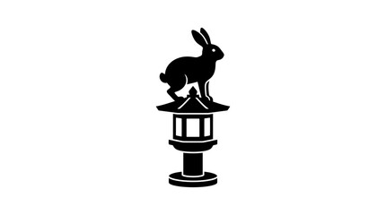 A black silhouette illustration of a rabbit standing on top of a traditional Japanese stone lantern. © Afinaja