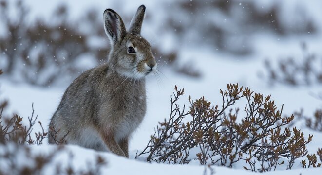 A wild brown mountain hare pauses attentively in soft winter light among snow dusted shrubbery. AI Generated