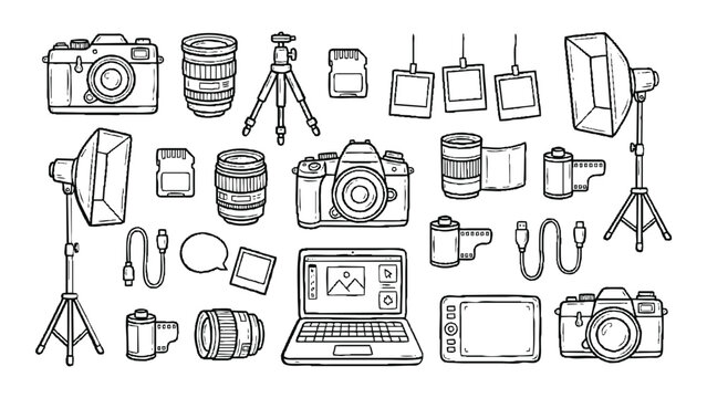 Hand-drawn doodle set of photography equipment and accessories. Includes cameras, lenses, tripod, softbox, memory card, film, laptop, and graphic tablet. Great for creative and photography designs.