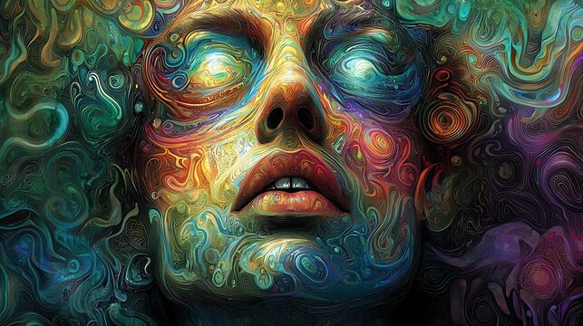 Close up of a person's face rendered in vibrant swirling abstract patterns of color