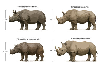 Comparison of body form of rhinoceros species including Javan rhinoceros, Indian rhinoceros, Sumatran rhinoceros, and white rhinoceros © Diono