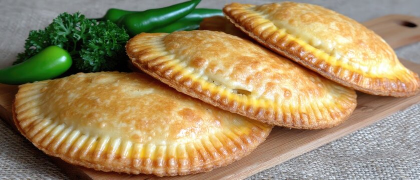 Five golden karipap pastries on a wooden tray with chili peppers and parsley arranged simply on a textured background in natural light