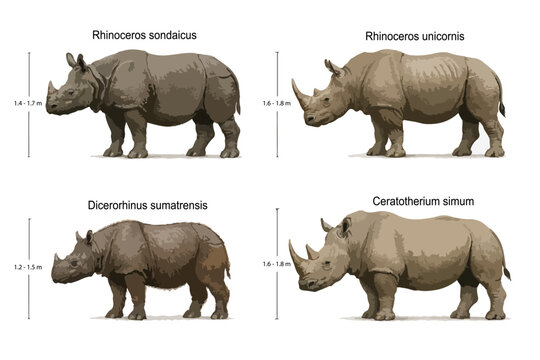 Comparison of body form of rhinoceros species including Javan rhinoceros, Indian rhinoceros, Sumatran rhinoceros, and white rhinoceros