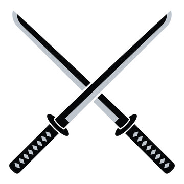 Two crossed samurai swords with black and gray handles and blades icon