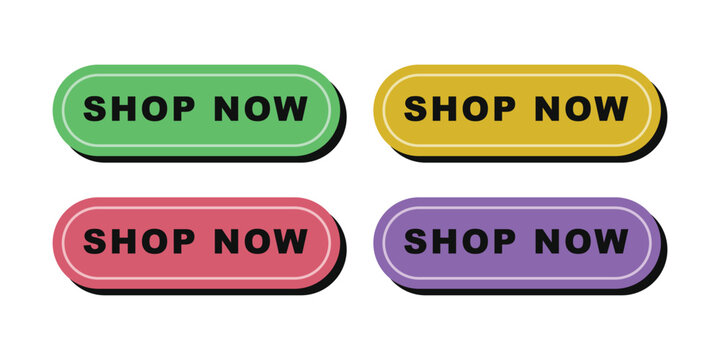 Set of four shop now buttons in various rounded colorful designs and outlines.