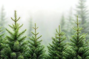 Obraz premium Young Evergreen Pine Trees in Foggy Forest, Natural Landscape with Coniferous Trees and Misty Atmosphere