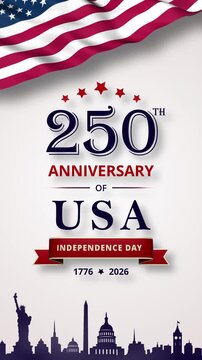 250th anniversary of USA Independence Day text, waving American flag, patriotic stars, red ribbon banner, 1776&ndash;2026 commemorative date, and iconic USA skyline silhouettes vertical video.