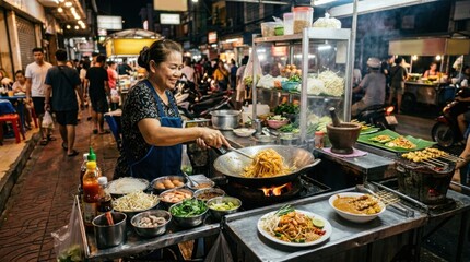 Obraz premium Vibrant Street Food Scene with Local Vendor Cooking at Night