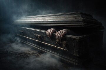 Fototapeta premium A dark, eerie coffin is partially open with two hands gripping the edge, surrounded by mist and shadows creating a spooky atmosphere.