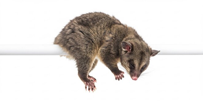 Fluffy brushtail possum casually dangles from a white perch against a clean bright studio background. AI Generated