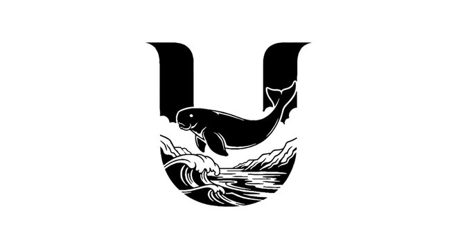 Black and white dolphin illustration in letter U shape.