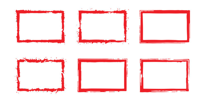 Set of six rectangular frames with red ink grunge textures and distressed rough edges