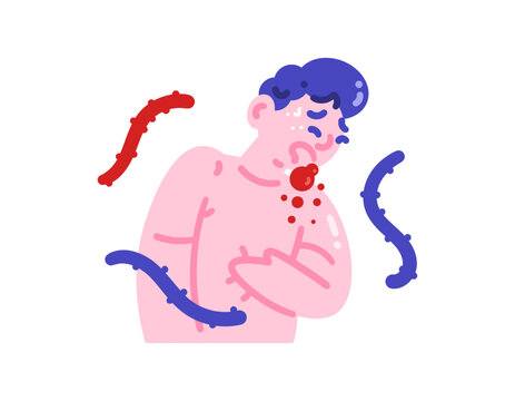 Illustration of a man vomiting blood. Bleeding due to a viral infection. Coughing up blood. Symptoms of an Ebola virus or disease infection. Health problems. character, gesture, and expression. Flat 