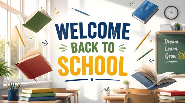 An educational poster design with a bright modern classroom atmosphere, soft morning sunlight, floating books and stationery, and centered typography &ldquo;WELCOME BACK TO SCHOOL&rdquo;.