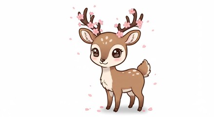 Fototapeta premium Sweet kawaii baby deer stands gently with blooming cherry blossoms on antlers a delightful soft spring aesthetic. AI Generated