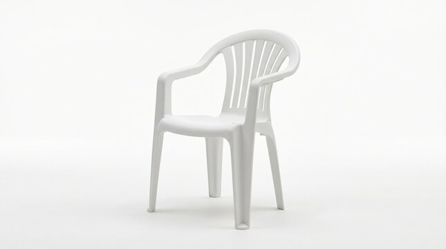 Simple white plastic garden chair with armrests and a curved backrest isolated on a plain clean studio background for outdoor seating furniture concepts captured in bright and even soft lighting.