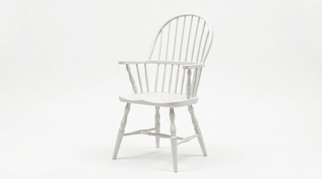 Elegant white wooden windsor chair featuring a classic spindle back design with smooth curved armrests and sturdy legs captured against a clean bright studio background for a minimalist interior look.
