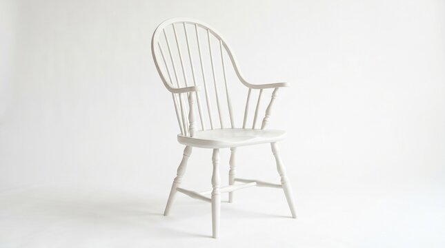 Elegant white wooden windsor chair featuring a classic spindle back design and sturdy curved arms captured in a bright minimalist studio setting with soft lighting and clean white empty background.