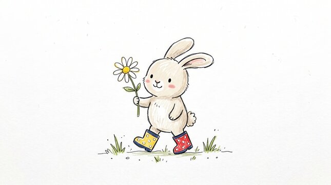 Happy rabbit wearing polka dot boots walks on grass, holding a white and yellow daisy flower