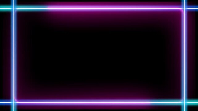 ネオン　フレーム　枠　CG  ループ動画　キラキラ　光る　 おしゃれ　タイトル　オープニング　エンディング　Neon pink and blue glowing border frame on black background.Abstract rectangular shining frame.Loop video.