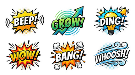 Naklejka premium Vibrant set of comic book style speech bubbles featuring sound effects and action graphics rendered as a flat vector illustration