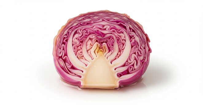 Vibrant red cabbage half reveals intricate purple and white layered texture brightly isolated on a clean white backdrop. AI Generated