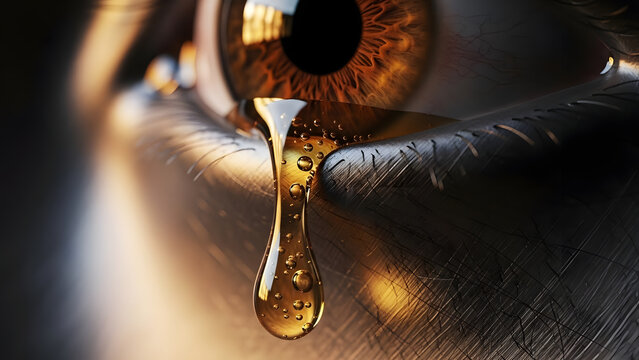 Extreme close up of human eye crying golden liquid with metallic skin texture.