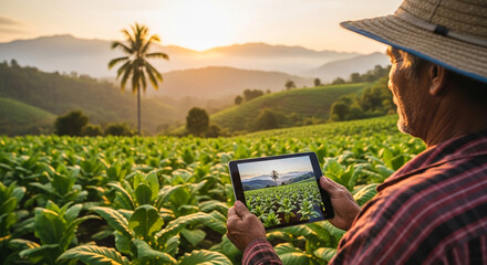 Fototapeta premium Farmer using tablet to capture view of tobacco field at sunrise, symbolizing agricultural technology and serene landscape