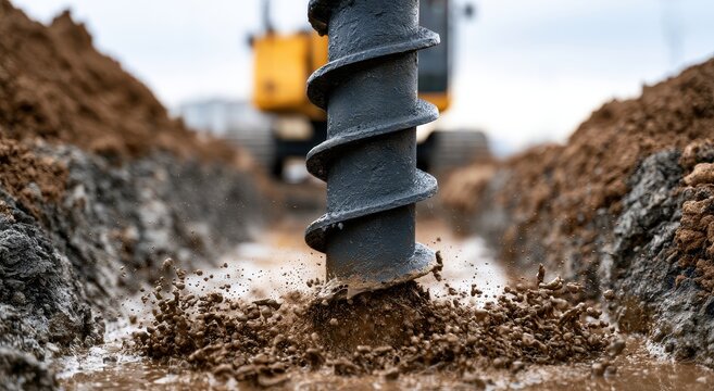 Industrial earth auger drilling into muddy ground on a construction site