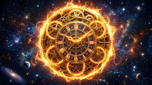 Fiery Cosmic Clockwork Time Portal with Glowing Steampunk Gears and Celestial Universe Background, Fantasy Concept of Time Travel and Infinite Space