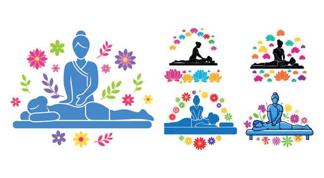 Floral ornament with silhouettes of people in yoga and massage poses