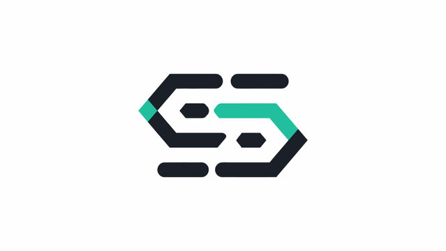 Blue and black link circuit icon symbol.