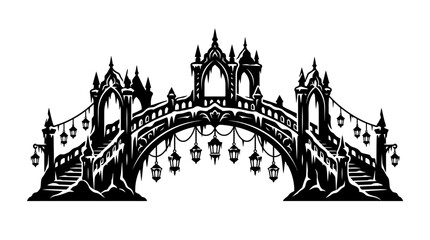 Obraz premium Ornate gothic arched bridge with hanging lanterns and stairs.