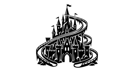 Black and white silhouette illustration of a fantasy castle with a winding roller coaster track. © Alya