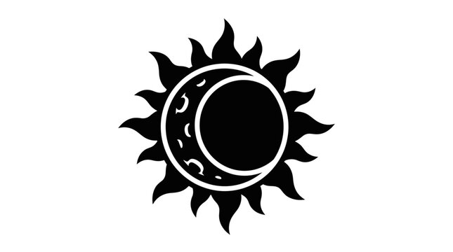 A black and white graphic illustration of a stylized sun and moon eclipse.