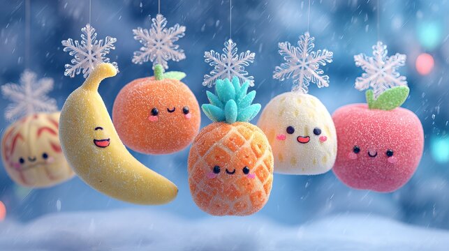 Cute kawaii fruit characters with snowflakes, cheerful winter illustration featuring banana, pineapple and citrus friends.