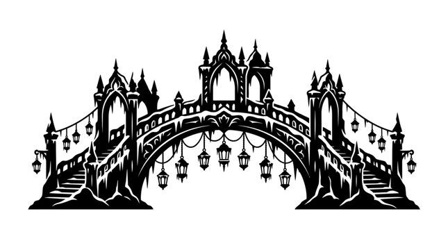Ornate gothic arched bridge with hanging lanterns and stairs.