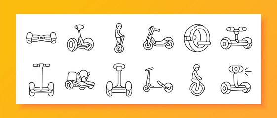 Electric ride collection set icon. Line icons display hoverboard, tricycle scooter, person on self balancing device, kick scooter, monowheel, handle transporter, wide platform transporter, go kart © Кирилл Макаров