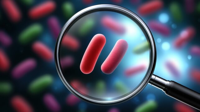 Magnifying glass examining red bacteria cells close up
