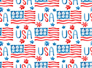 Fototapeta premium USA Independence Day. Cute seamless pattern with flag and flowers. 4th of July holiday.