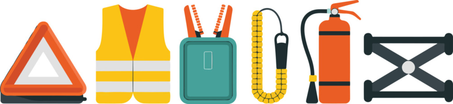 Safety car emergency kit with warning triangle and high visibility vest plus fire extinguisher and jumper cables on background.