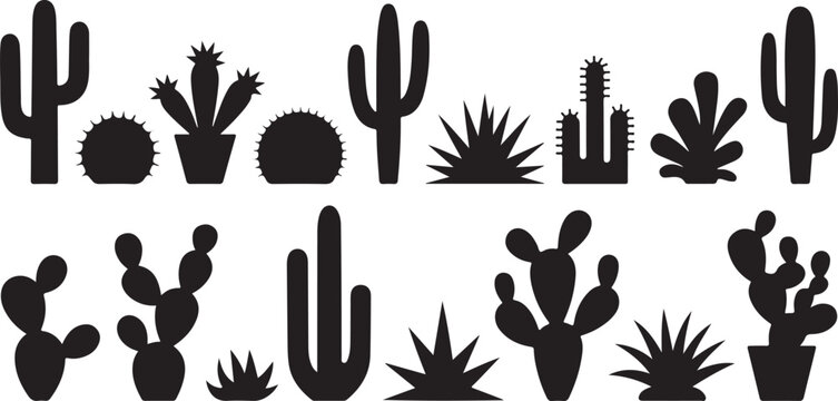 Desert cactus plant silhouettes in various shapes including saguaro and prickly pear species for southwest landscape environment.